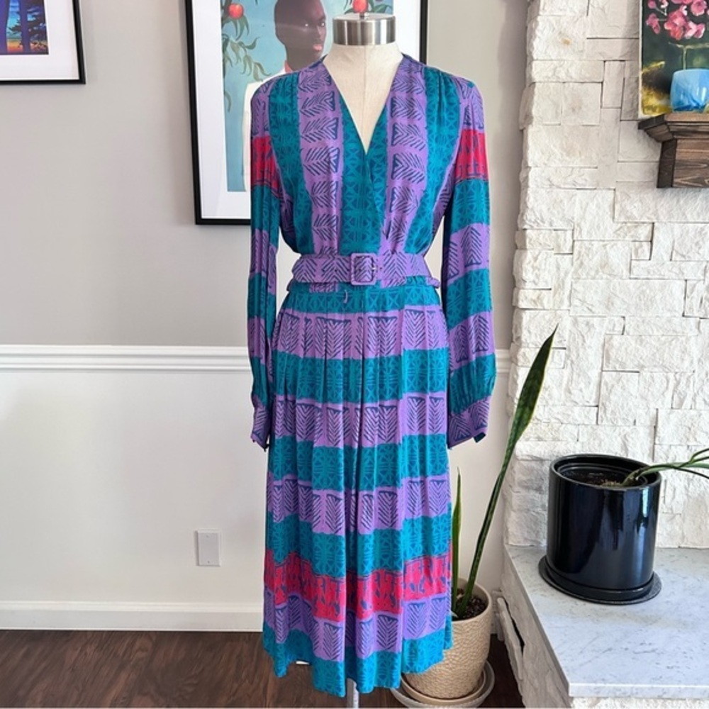 Vintage 80s Belted Midi Dress Abstract Purple Teal Red Bold Artsy Size Medium